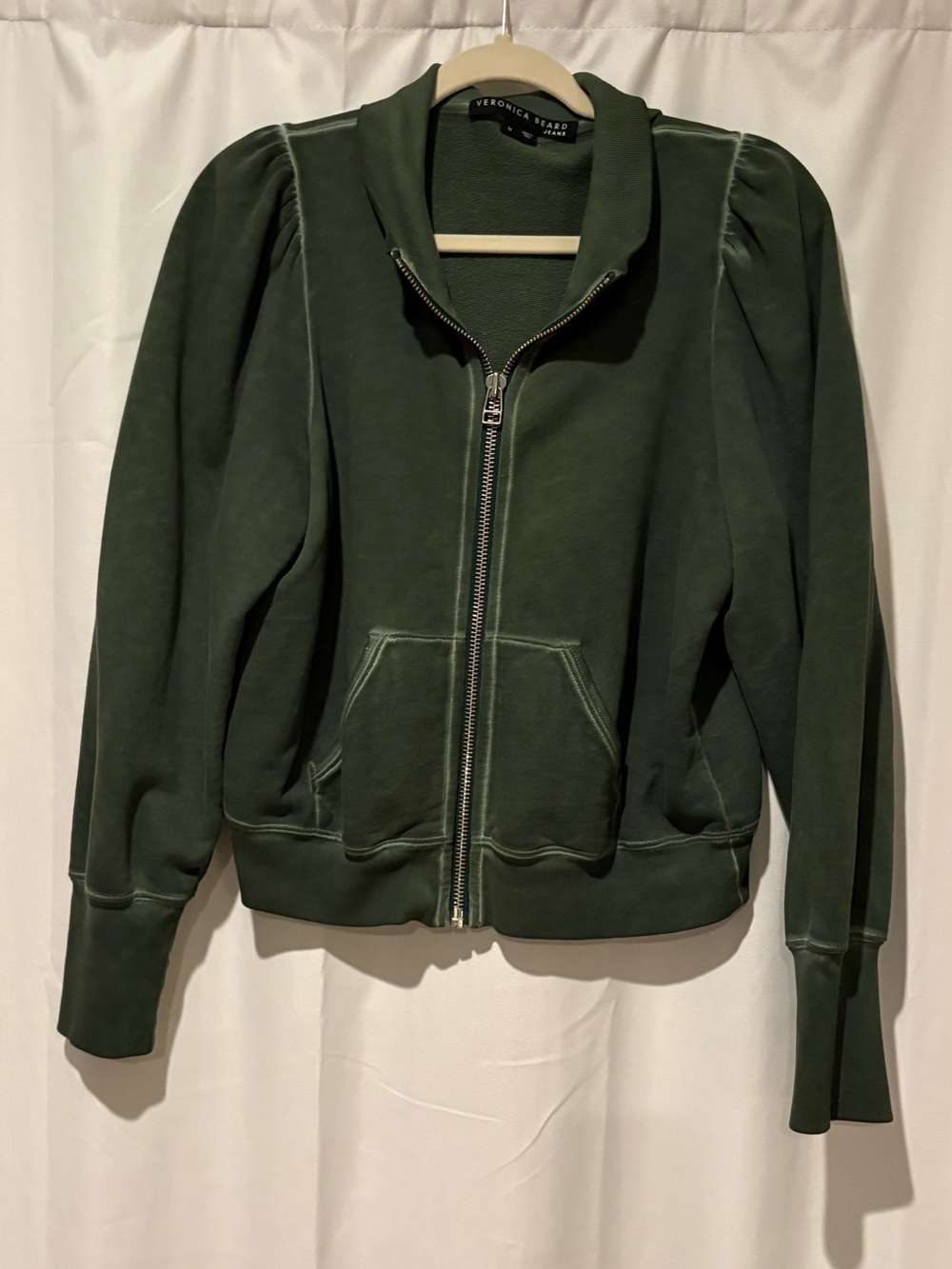Veronica Beard Forest Green Zip-Front Puff-Sleeve sweat Jacket